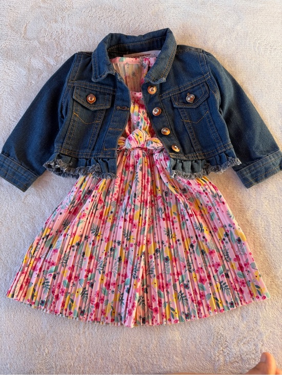 Nannette Baby Other - Girls Pink Floral Pleated Dress with Denim Jacket Size 12M